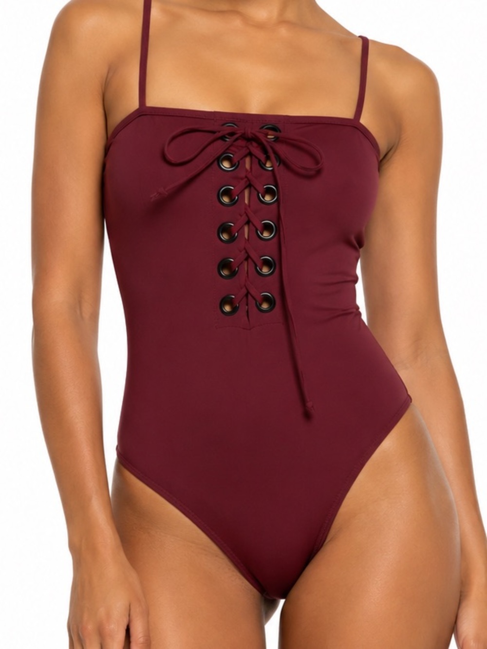 Lioness Women’s Small Burgundy Convertible Corset Lace Up One Piece Swim NWOT
